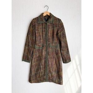True Meaning Womens Multi Color Tweed Coat Olive Green Trim Snap Front Size XS